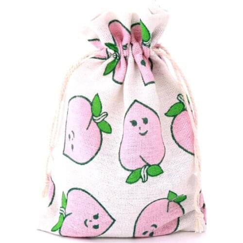 Cute Pink Peach Printed Linen Drawstring Bags 5pcs/lot 13x18cm Gifts Candy Jewelry Packaging Drawable Pouches for Party Storage
