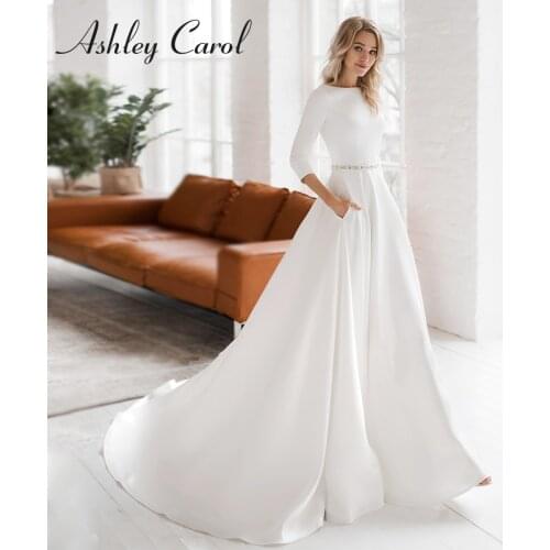 Ashley Carol Long Sleeve Wedding Dress 2021 Elegant Satin A-Line Bride Dresses Scoop Crystal Sashes Mid Back Vintage Bridal Gown