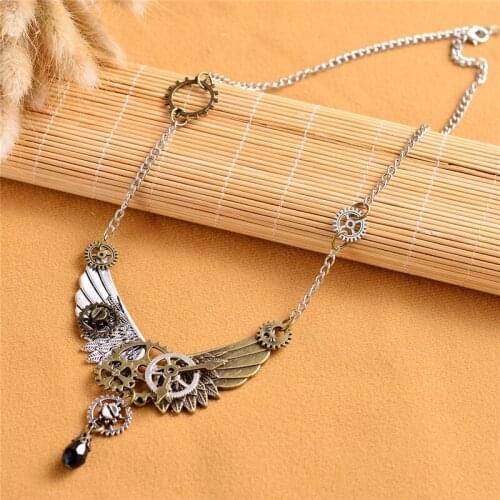 Black Rhinestone Vintage Gear Angel Wing Pendant Necklace for Women Men Personality Steampunk Necklace Hot Sale Gift Accessories