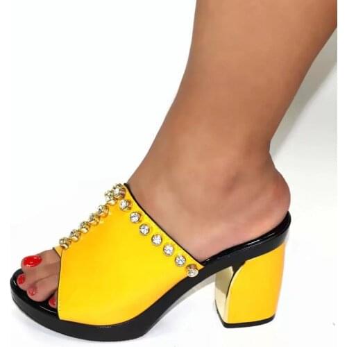 Wonderful yellow women high heel shoes with big crystal decoration african pumps for party dress V285,heel 7.8CM