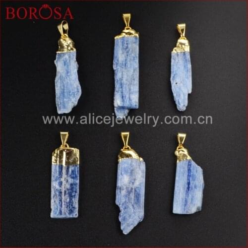 BOROSA Natural Rough Kyanite Bar Gem Stone Pendant Bead,Gold color Blue Kyanite Druzy Pendant for Women Necklace WX017