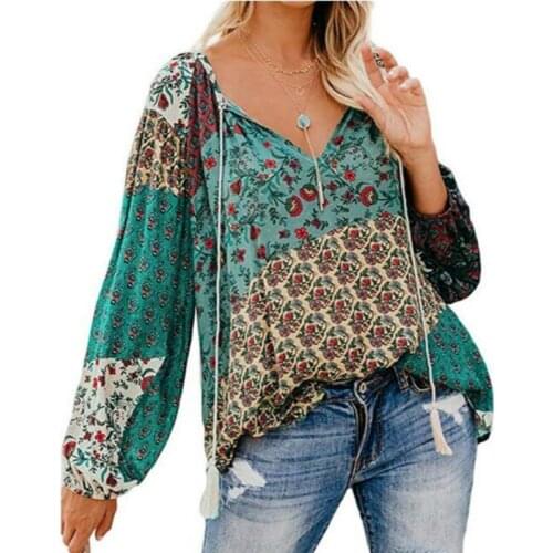 Long Sleeve T shirts Women Deep V-Neck Floral Print Bohemia Style Loose Tops Sexy Tees Casual Boho Spring Autumn Tshirts Tops