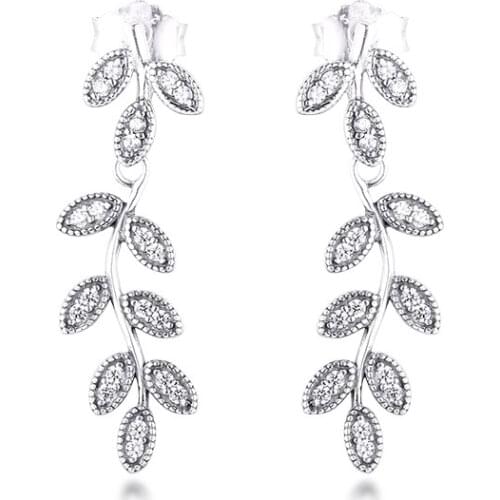 100% 925 Sterling Silver Sparkling Leaves Dangle Drop Earrings for Women Wedding Fine Jewelry Crystal Ear Party Gift Brincos