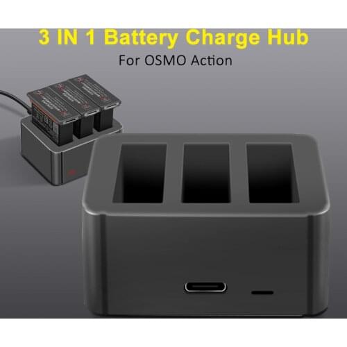 3 in 1 OSMO ACTION Battery Charger Hub TYPE-C Input 4.35V Lithium Charging Kit for DJI OSMO ACTION Accessories Battery