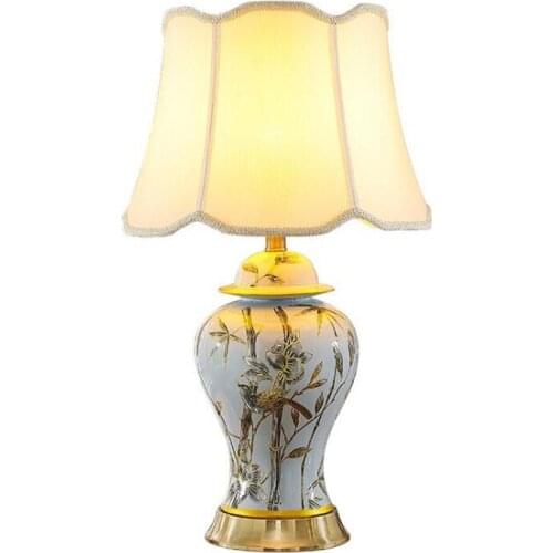 America Luxurious Ceramic Dimmer Table Lamp for Foyer Bedroom Parlor Birds Bamboo Porcelain Desk Reading Light H 65cm 2548