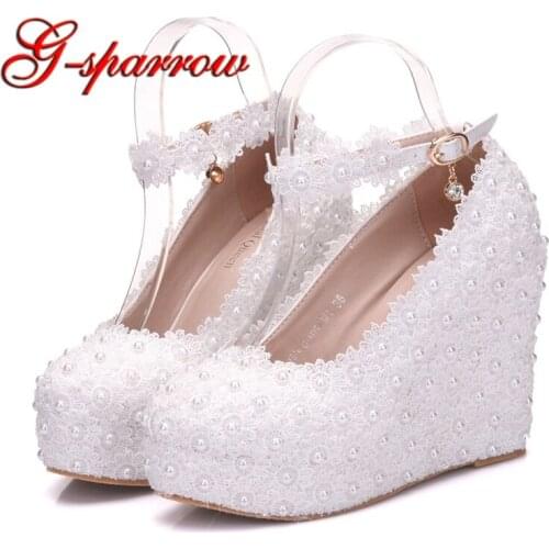 White Lace Wedding Shoes Wedge Heel Single Lady Shoes with Buckle Straps 3cm Platforms Women Pumps Party Prom High Heels