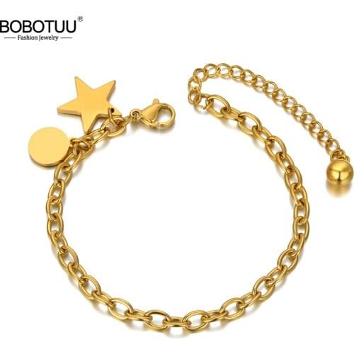 BOBOTUU браслет Stainless Steel Bohemia Beach Chain & Link Bracelets For Women Trendy Star Round Ball Charm Bracelet BB20121