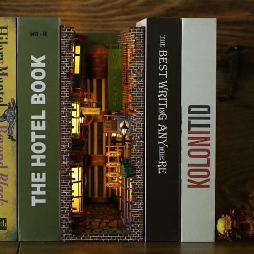 DIY Book Nook Wood Bookends Model Building Kit With LED Light,3D Wooden PuzzleInserts Art Bookends DIY Bookshelf Decor Stand