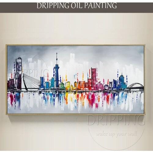 Artist Handmade High Quality Abstract Colorful City Oil Painting on Canvas Beautiful Skyline Oil Painting for Wall Decoration