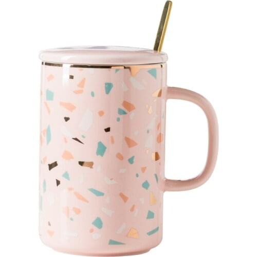 Korean Creative Ceramic Mug Modern Girl Pink with Spoon with Lid Mug Fashion Korean Office Coffee Milk Mug Coffee Cups CC60MKB
