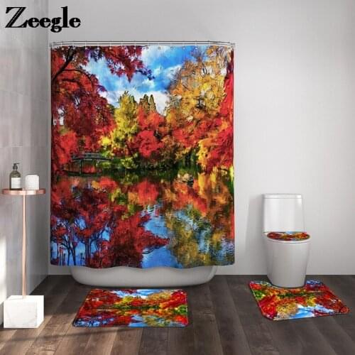 Landscape Printing Bathroom Carpet Waterproof Shower Curtain and High-quality Bathroom Mat Set Non-slip Toilet Seat Cover Mat