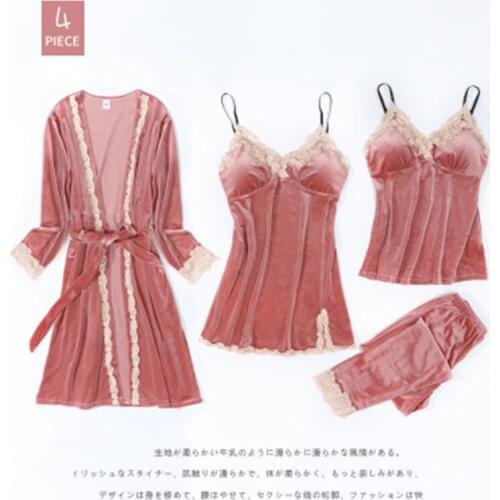 New Arrival Gold Velvet 4 Pieces Pajamas Sets Women Robe Pajamas Sleepwear Sleeveless Nightwear Sexy Sleepwear Spring