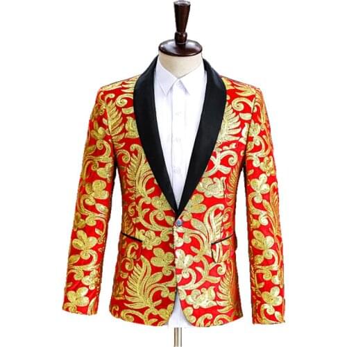 New Mens Embroidery Gold Red Sequins Blazer Fashion Wedding Groom Evening Party Host Formal Tuxedo Bar Concert Stage Costume