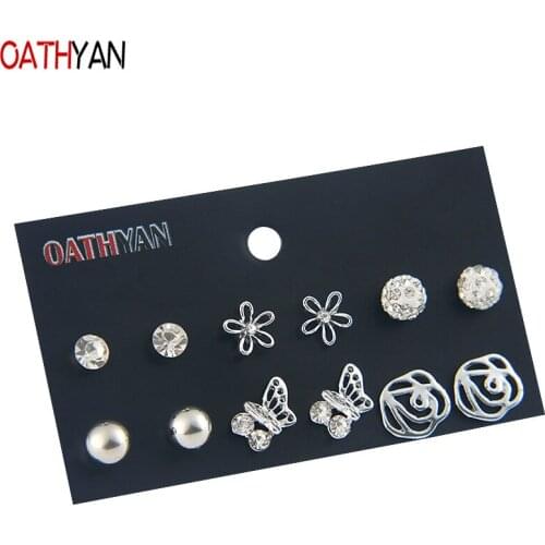 OATHYAN 6 Pairs/Set Mixed Style Rhinestone Butterfly Stud Earrings Sets Girl Kids Jewelry Gift Cute Crystal Ball Flower Earring
