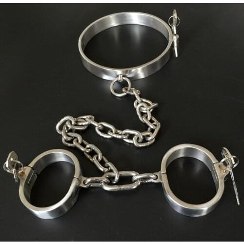 Stainlees Steel Neck Collar Chain Hand Cuffs Bondage Set Sex Games Slave BDSM tools Handcuffs Fetish Toys For Adults Restraints