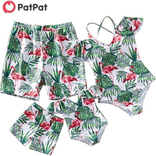 PatPat 2021 New Summer Family Look Flounce Sleeve Flamingo and Leaf Print One-piece Matching Swimsuits