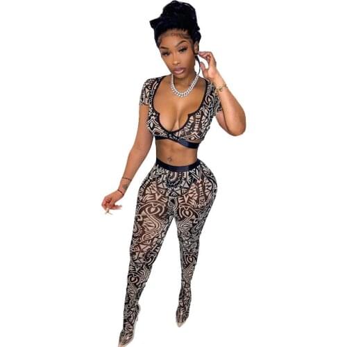 Sexy Print 2 Pieces Outfits for Women Deep V Neck Slim Short Sleeve Crop Top T Shirt High Waist Workout Tight Legging Long Pants