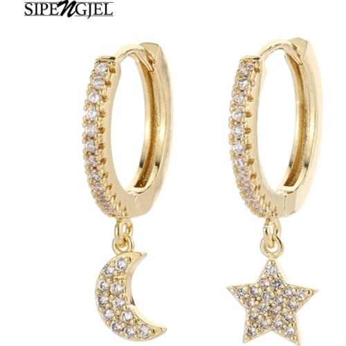 SIPENGJEL Fashion Shiny Zircon Huggie Hoop Earrings Classic Geometric Moon And Star Pendant Hoop Earrings For Women Jewelry Gift