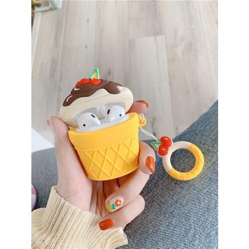 For AirPods 2 Case Silicone Cute 3D Cherry ice Cream Earphone Case For Airpods Cover Headphone Cover Key Ring Strap For Air pods