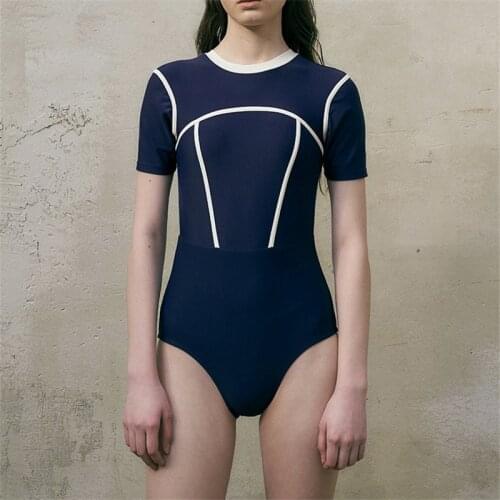 2021 One-piece Swimsuit Female Japanese Korean Girls Conservative Half Sleeve Sexy Backless Swimsuit for Women