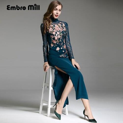 Embro Mill High-end Autumn winter Qipao Chinese style vintage embroidery blue/red elegant lady cheongsam slim party dress S-XXL