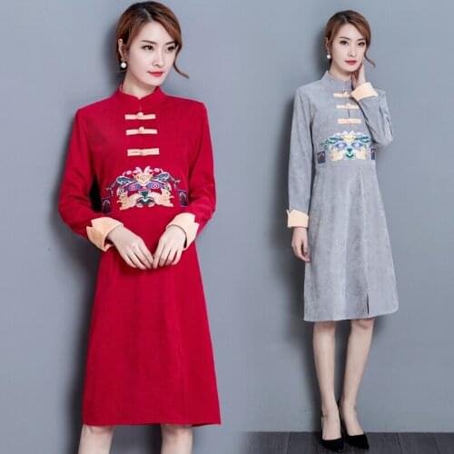 High quality National style vintage corduroy long sleeve dress mori girl red women embroidery dress autumn winter casual ladies