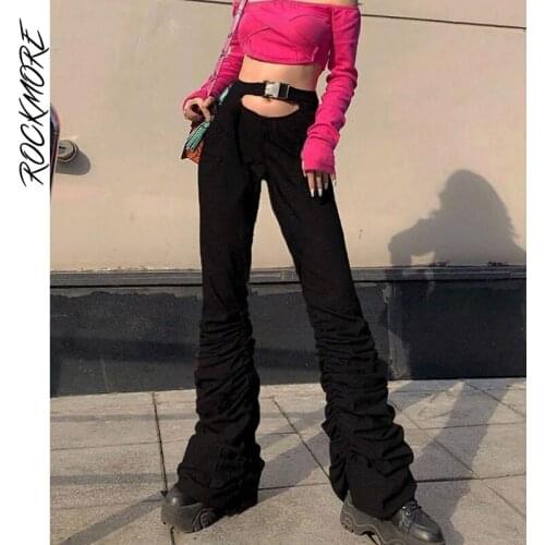 Rockmore Y2K Stacked Pants Women Streetwear High Waisted Hollow Out Long Trousers Skinny Sweatpants Harajuku Black Joggers Goth