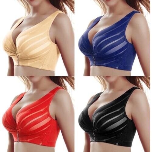 Women Bras Thin Plus Size Striped Wire Free Adjustment Type Push Up Four Hook-and-eye Bra Fixed Shoulder Strap Bra Hot Hot
