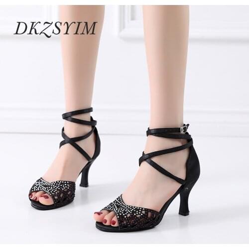 DKZSYIM Black Latin Dance Shoes For Women Party Rhinestion Bachata Salsa Dance Sandals Ballroom Dance-shoes Soft Suede Soles