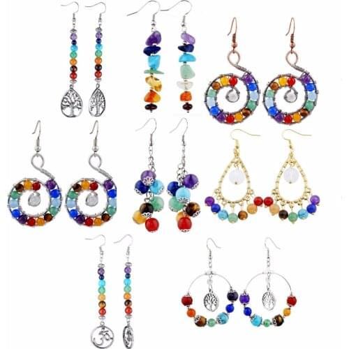 TUMBEELLUWA 7 Chakra Stone Dangle Hook Earrings for Women,Assorted Shapes