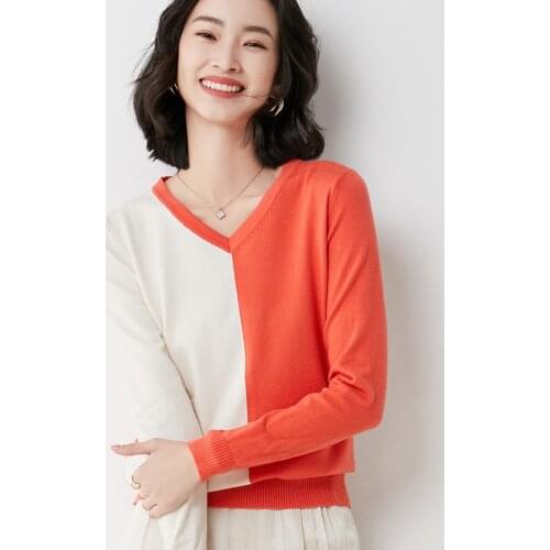 Spring and Autumn Womens V-neck Pullover Slim Fit Wool All-match Color-blocking Long Sleeve Sweater Fashion Skinny Jacket 60119