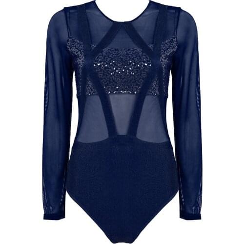Women Round Neck Long Sleeves Shiny Sequins Mesh Splice Gymnastics Leotard Bodysuit Ballet Dancewear Stage Performance Costume