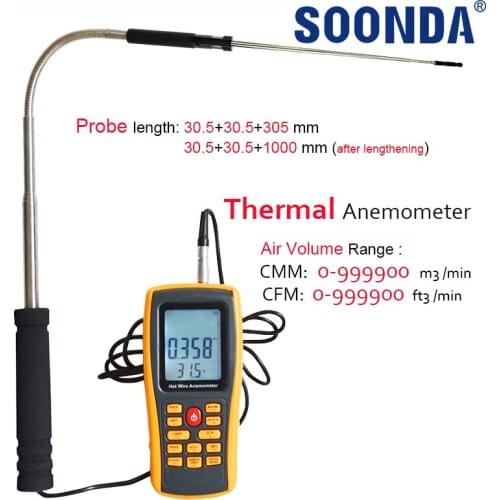 3-in-1 Hot Wire Anemometer Retractable Long Probe Wind Temperature,Speed,Volume Vanitation Pipe Air Conditioning Measurement USB