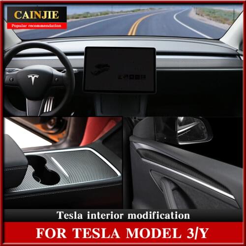 For Tesla Model 3 2021 Accessories Car Center Console Trim Model Y Carbon Fibre ABS Model3 Decorative Stickers