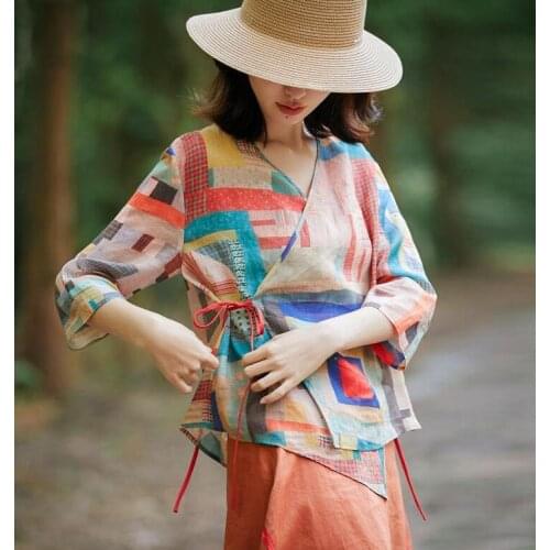 Summer Arts Style Women 3/4 Sleeve Lacing Loose Shirts Vintage Print V-neck Cotton Linen Blouses Plus Size Femme Blusen
