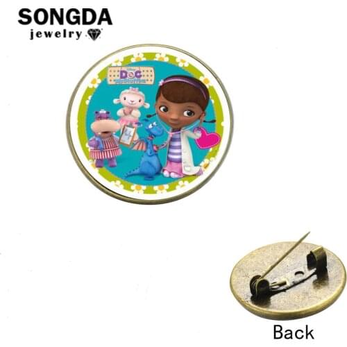 SONGDA Doc McStuffins Brooches 3D Cartoon Printed Glass Cabochon Lapel Pin Children Hat Backpack Clothes Decorative Accessories