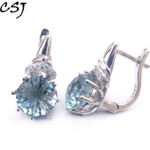 CSJ Blue topaz quartz gemstone noble good Earring Sterling 925 Silver Round8.0 4Ct football cut Fine Jewelry For Women Lady Gift