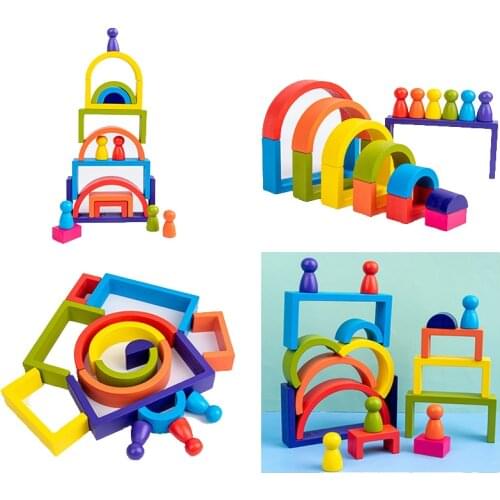 Kids Montessori Educational Wooden Toys Rainbow Wooden Toys Semicircle Building Blocks Rectangular Board house christmas gift