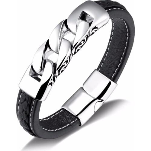 Fate love Vintage Fashion design black leather stainless steel Chain bracelet 8.66 inch for mens gifts Magnetic buckle