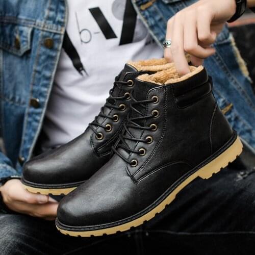 Quality PU Men Winter Leather Boots Fashion Short Plush Waterproof Ankle Bootie Male High-tops Shoes Martins Boots Promotion gb6