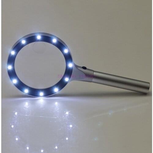 10pcs 85mm 2.5X/5X metal handheld high-definition reading metal magnifying glass with 12 LED Light