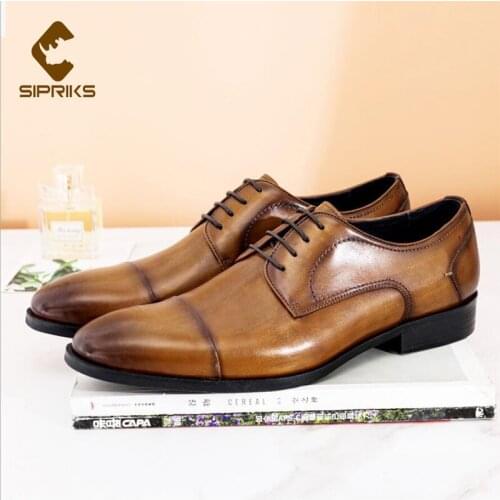 Sipriks Mens Cap Toe Shoes Full Grain Leather Derby Dress Shoes Gentleman Business Footwear Retro Shoe Black Dark Brown Wedding