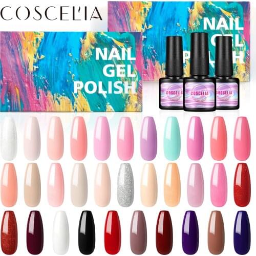 COSCELIA 20/30/32Pcs Nail Polish Set 7ml Gel Glitter Semi Permanent Hybrid Gel Varnish Base Top Coat Soak Off UV LED Nail Art