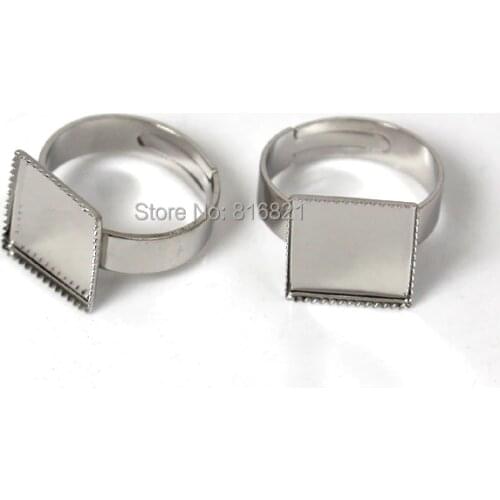 Blank Ring Settings with Square Bezel Cameo Cabochons Metal Adjustable Rings Findings DIY Jewelry Making Silver Plated