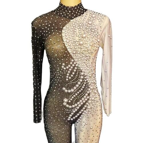 Sparkly Rhinestone Luxury Long Sleeve Jumpsuit Skinny Stretch Women Bodysuit Nightclub DJ Singer Dance Costumes Lady Stage Wear