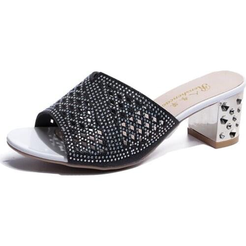 Woman Sandals Shoes Slippers High Heels Thick 2019 Summer Style Slides Peep Toe Hollow Slip On Fashion Crystal Bohemia Casual