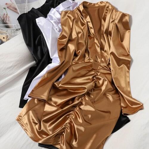 Sexy Deep V-Neck White/Golden Satin Dress Wommen Autumn Party Long Sleeve Draped Bodycon Vestidos Fashion Female Robe 2020 New
