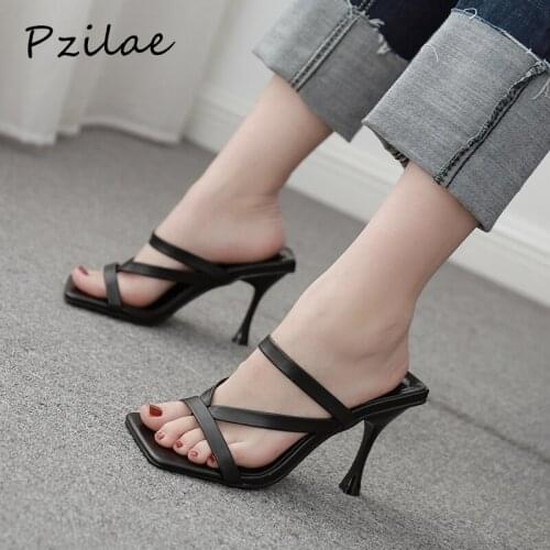 Pzilae 2020 women summer sexy square toe black mule heels sandals slippers women flip flop ladies high heels slides women shoes