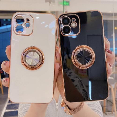 Luxury Plating Silicone Case For iPhone 12 11 Pro XS Max 12 Mini SE X XR 7 8 Plus Plain Metal Ring Holder Stand Soft Phone Cover