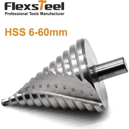 6-60MM HSS 4241 Spiral Flute Step Cone Drill Bit 13MM Shank Round Handle Stainless Steel Wood Hole Saw Drilling Cutting Tool